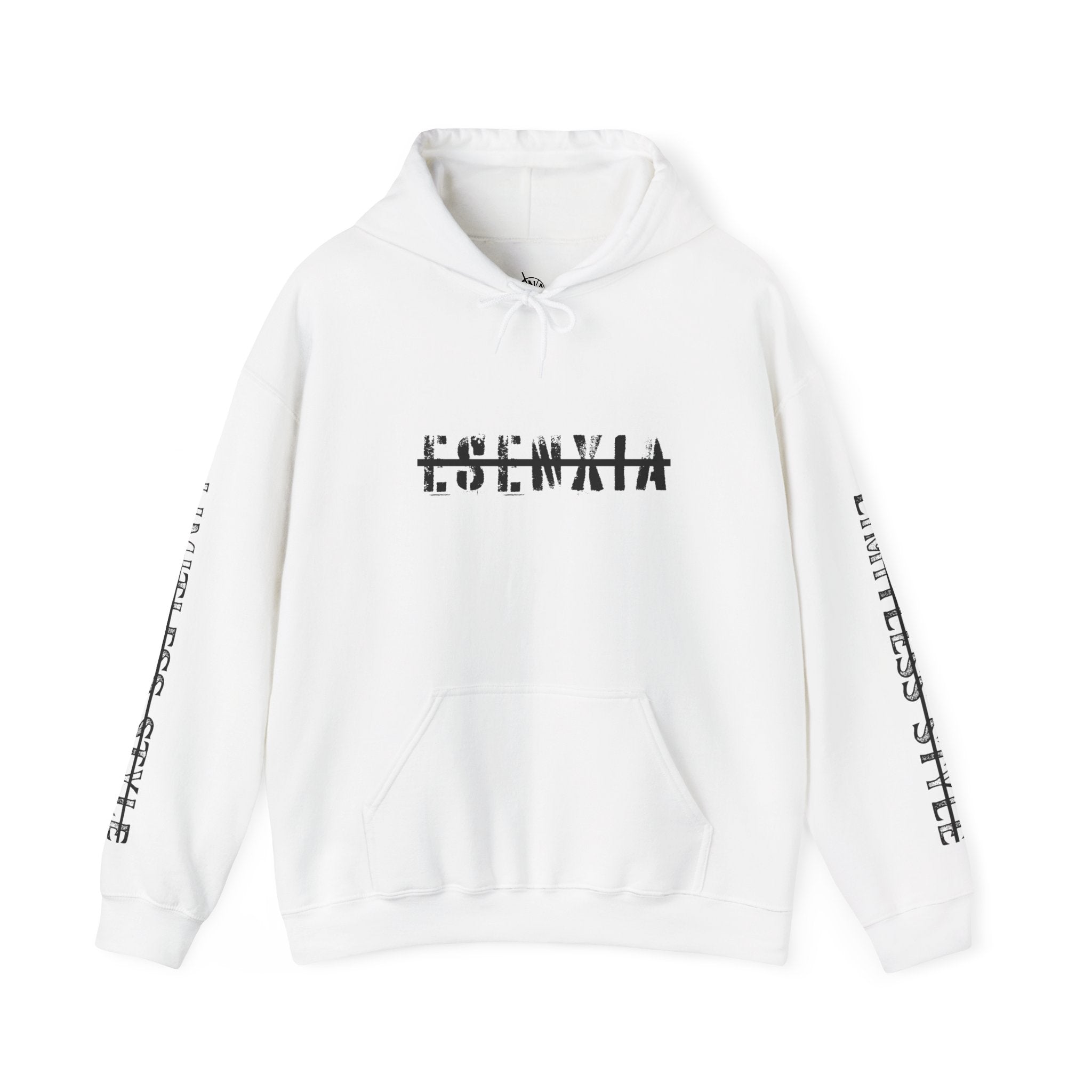 Esenxia Logo Hoodie — Minimalist Text Graphic Pullover with Sleeve Print