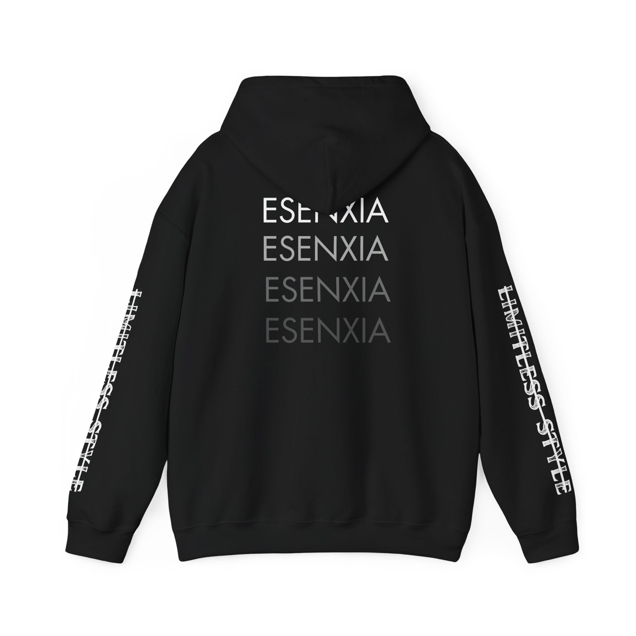 Esenxia Logo Hoodie — Minimalist Text Graphic Pullover with Sleeve Print