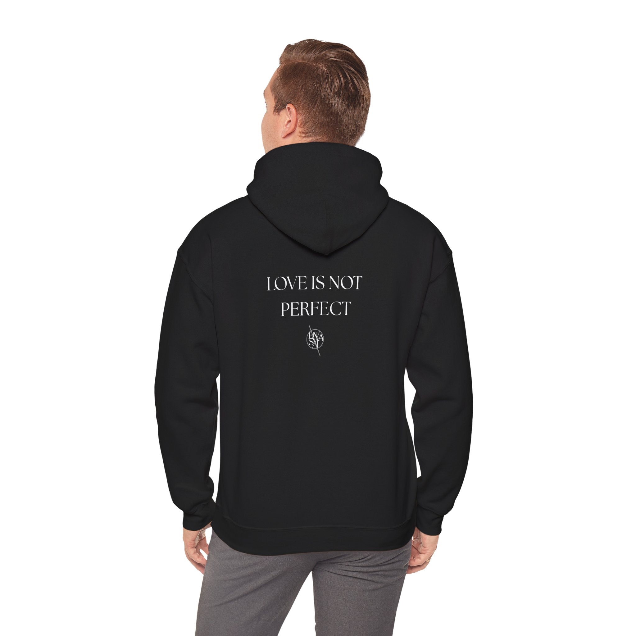 Hoodie — Minimal Heart ‘Love Is Not Perfect’ Back Print